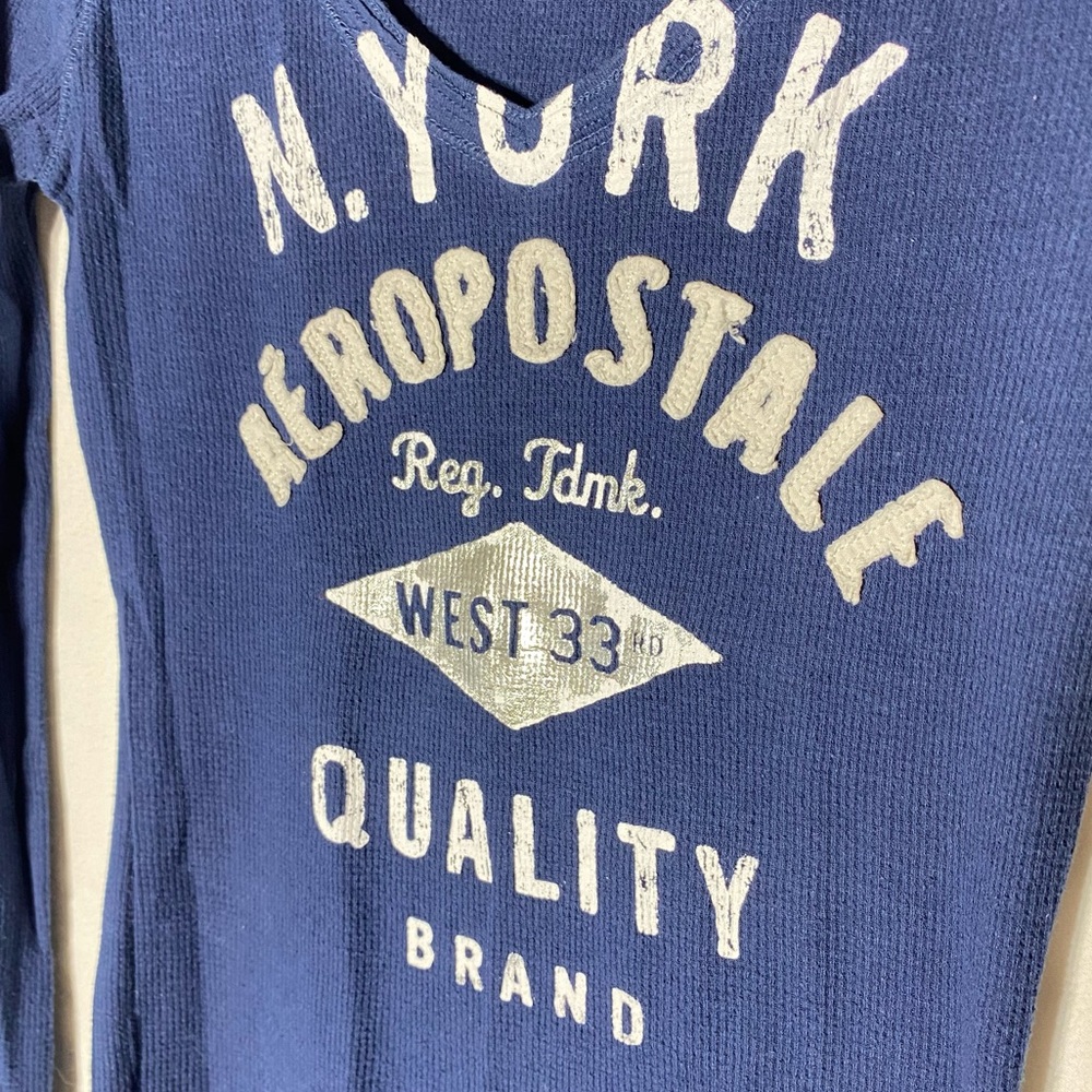 Vintage Y2K Aeropostale Dark Blue Long Sleeve Deep V Neck Ribbed Top M - Picture 9 of 15